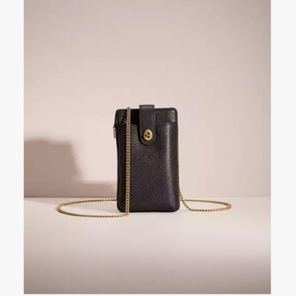 Coach Black Pebbled Leather Crossbody Phone Pouch with Gold Chain
